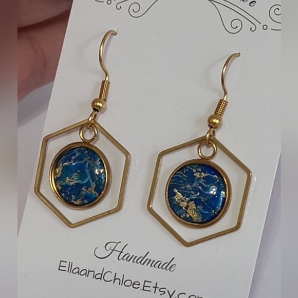 Boho Blue Gold Marble Artisan Geometric Elegant Drop Dangle Gold Tone Earrings - Picture 9 of 12